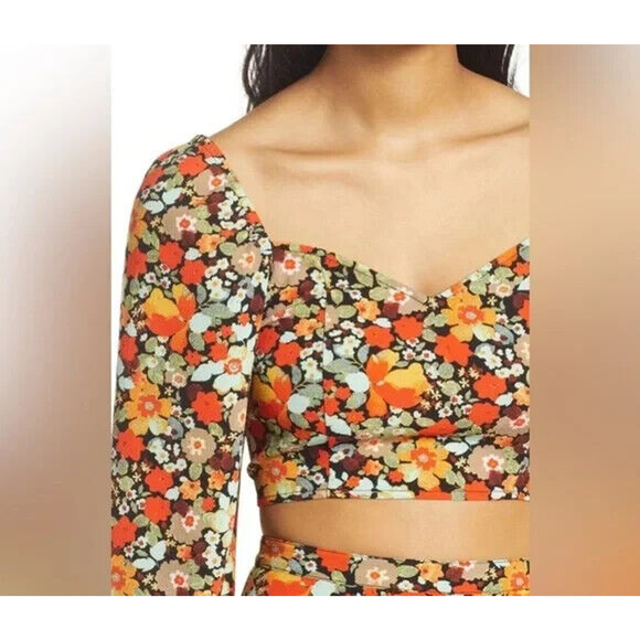 Vero Moda Saga Sweetheart Neck Crop Top Size XS Long-Sleeve Blouse Floral - Picture 2 of 12